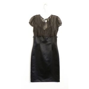 Tahari ASL Arthur Levine black cocktail sheath dress mixed fabric polka dot silk